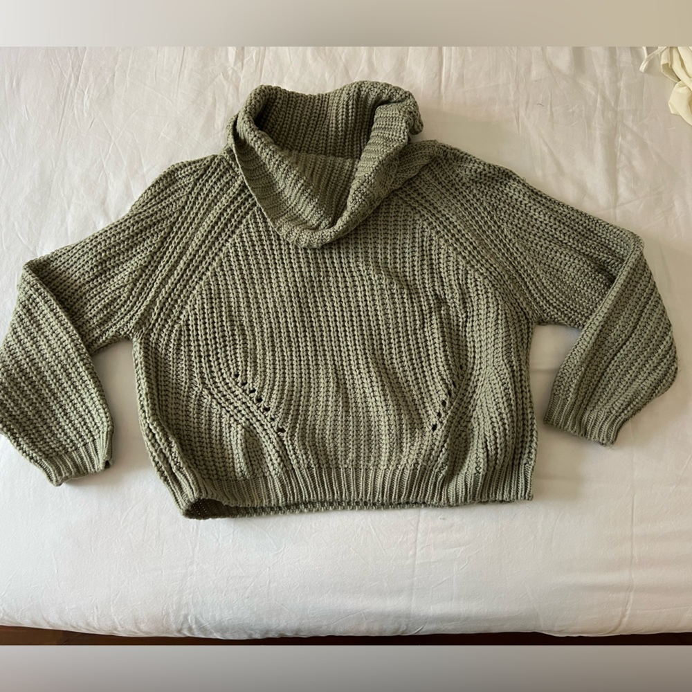 green knit cowl neck sweater